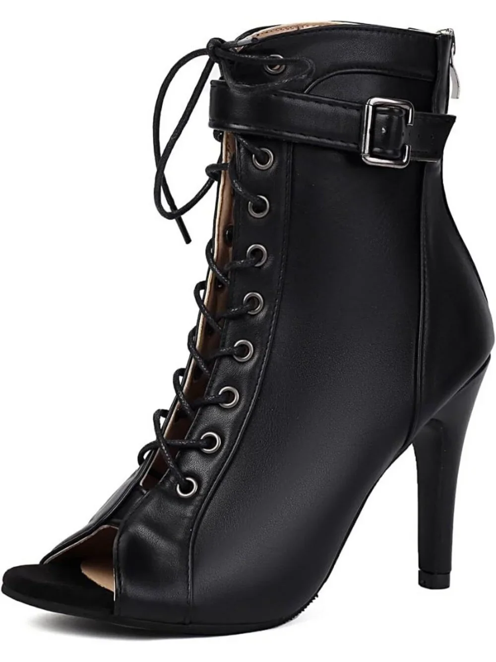 Womens Black Buckle Lace Up Mesh Sandal Peep Toe High Heel Ankle Boots